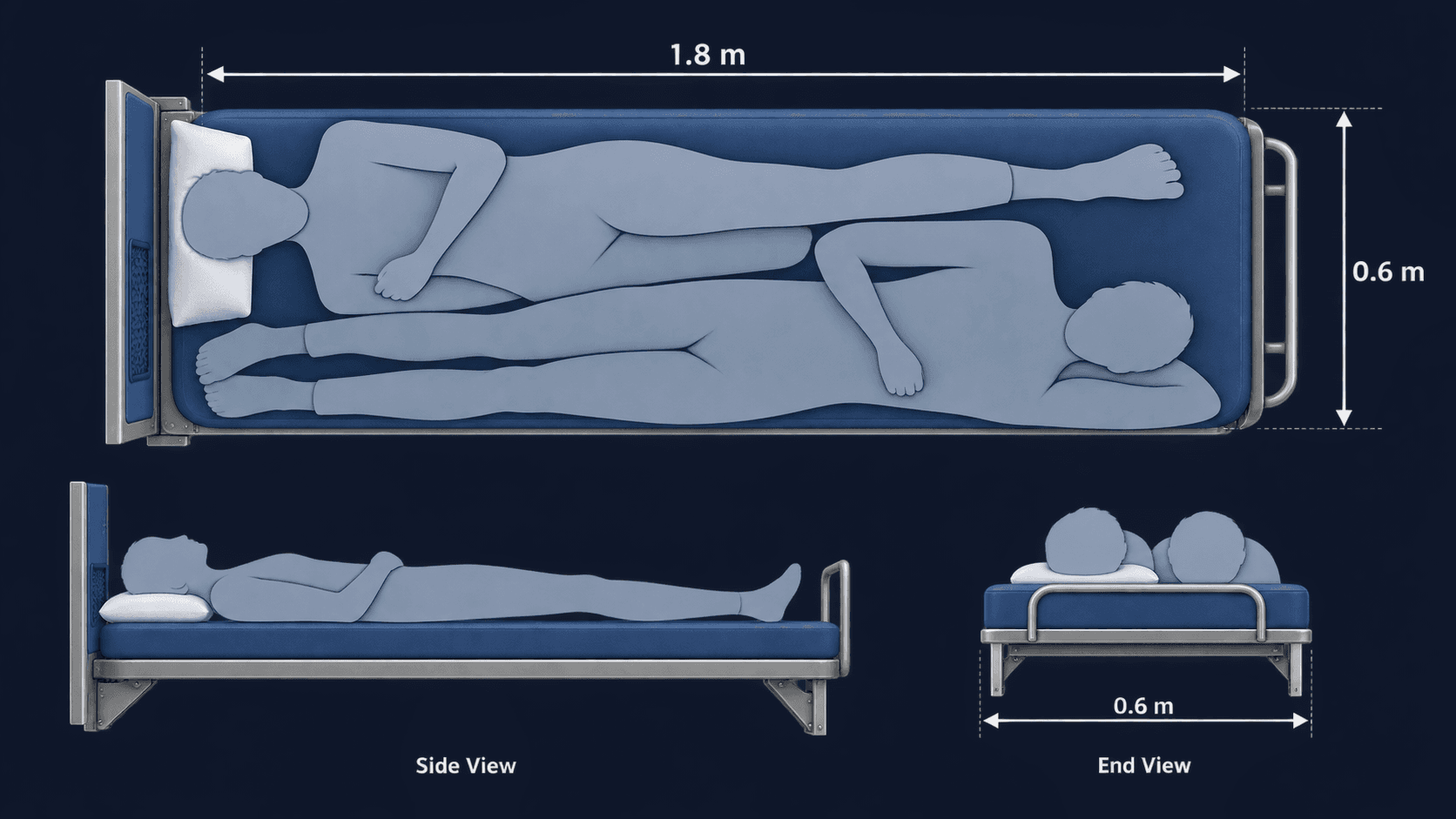 Scale diagram of a side-lower berth: 1.8 metres long, 0.6 metres wide, shared by two adults